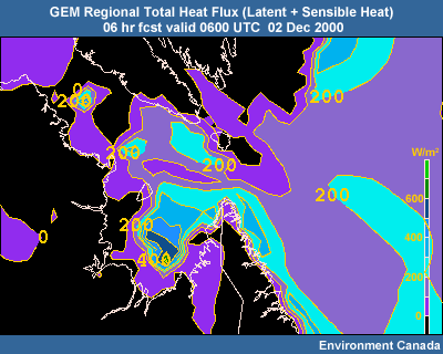 GEM Regional Total Heat Flux over the Ungava Bay region for the 06 hr forecast valid 0600 UTC on 02 December 2000