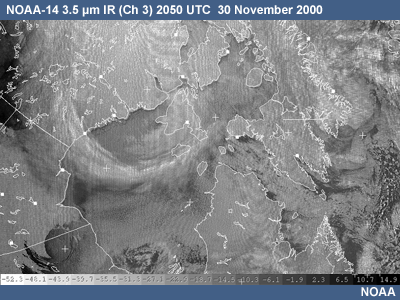 NOAA-14 channel 13  imagery  of the Hudson Bay area  at 20:50 UTC on 30 November 2000