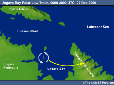 Ungava Bay Polar Low track from 0600-2000 UTC, 02 December 2000