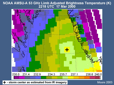 NOAA AMSU-A 53 GHz limb adjusted brightness temperature (K) 2218 UTC 17 Mar 2000