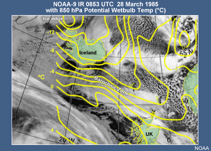 IR image showing the development of a polar low in the location of a strong baroclinic zone well away from the ice edge. Yellow lines show 850 hPa potential wetbulb temperature  in ºC .