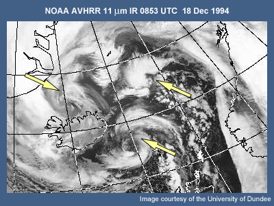 NOAA AVHRR 11 micrometer IR 0853 UTC 18 Dec 1994 Example of a merry-go-round signature with multiple polar lows or mesoscale cyclones 