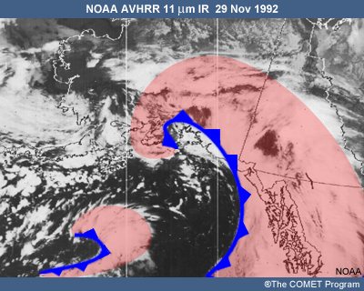 Relationship of comma cloud to major frontal cyclone