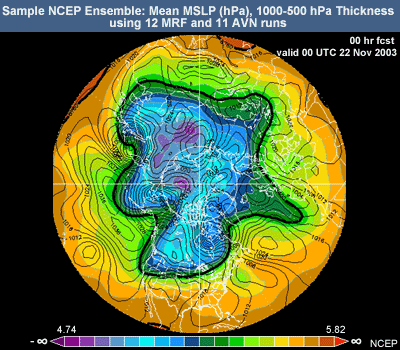 Sample NCEP Ensemble: Mean MSLP (hPa), 1000-500 hPa Thickness