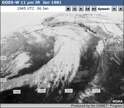 GOES-W IR 06 Jan 1981 showing an instant occlusion over the Gulf of Alaska