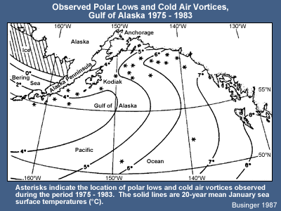 Observed Polar Lows and Cold Air Vortices, Gulf of Alaska 1975-1983