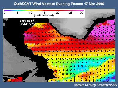 QuikSCAT Wind Vectors Evening Passes 17 Mar 200