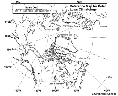 Reference map of regions that experience polar lows in the Northern Hemisphere