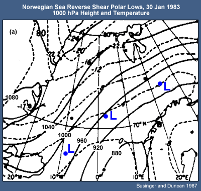 Norwegian Sea Reverse Shear Polar Lows, 30 Jan 1983