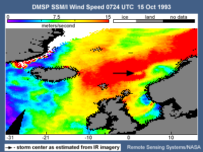 DMSP SSM/I Wind Speed 0724 UTC 15 Oct 1993 SSM/I derived surface wind speeds over open sea for a polar low near 65 deg N, 2 deg E. The black arrow indicates storm center as estimated from IR imagery.