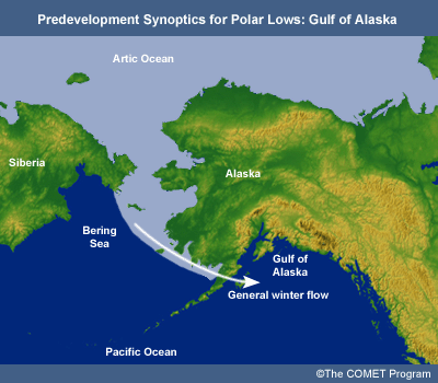 Pre-development Synoptics for Polar Lows: Gulf of Alaska:  Map showing common winter synoptics with paths of cyclones and the general winter flow across the region