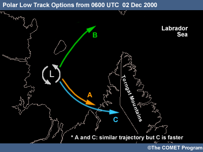 Map of Ungava Bay region with polar low track options