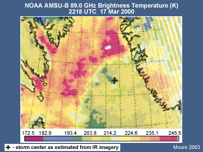 NOAA AMSU-B 89.0 GHz brightness temperature (K) 2218 UTC 17 Mar 2000
