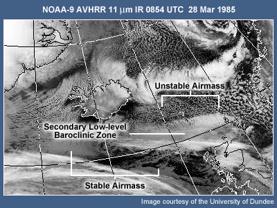 NOAA-9 AVHRR 11 micrometer IR 0854 UTC 28 Mar 1985: This image illustrates both stable and relatively unstable air masses separated by a secondary low-level baroclinic zone. The cloud band marks the baroclinic zone where polar low formation would be favored.