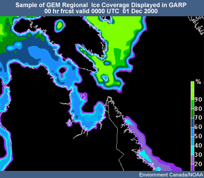 Sample of GEM Regional ice coverage displayed in GARP, 00 hr forecast valid 0000 UTC 01 December 2000