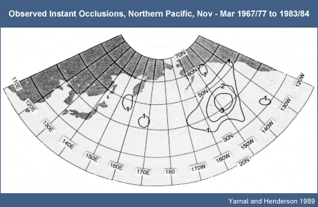 Observed Instant Occlusions, Northern Pacific, Nov-Mar 1967/77 to 1983/84