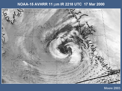 NOAA-15 AVHRR 11 micrometer IR 2218 UTC 17 Mar 2000 shwoing an cloud free eye polar low in the Labrador Sea