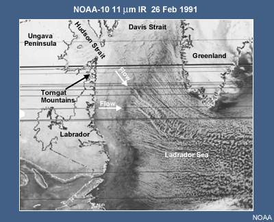 Satellite IR imagery showing streamers of cumulus clouds as a result of cold air flowing over the Labrador Sea