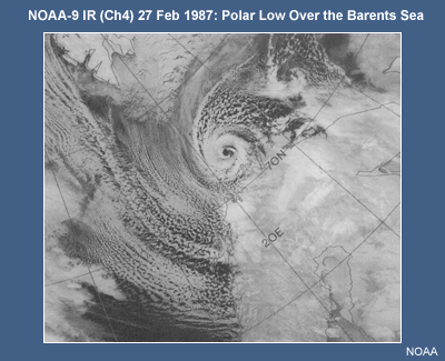 A polar low over the Barents Sea on 27 February 1987. The southern tip of Spitsbergen is visible at the top of the image with Norway in the lower right.