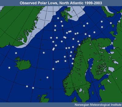 Positions of fully developed polar lows in the seasons 1999?2003.