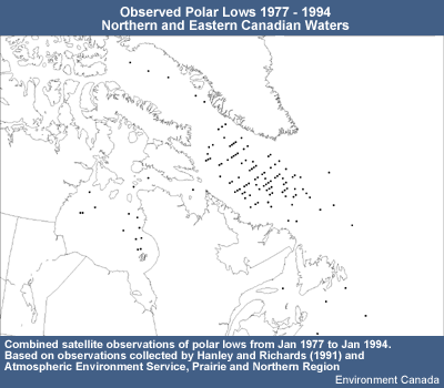 Observed Polar Lows, Northern and Eastern Canadian Waters, 1977-1994
