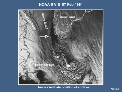 This series of vortices over the Labrador Sea formed along a frontal zone. This frontal zone separates cold arctic air streaming southward behind a synoptic system southeast of Greenland and a warmer air mass which has moved around this low and lies in a surface trough extending from the low up the west Greenland coast.